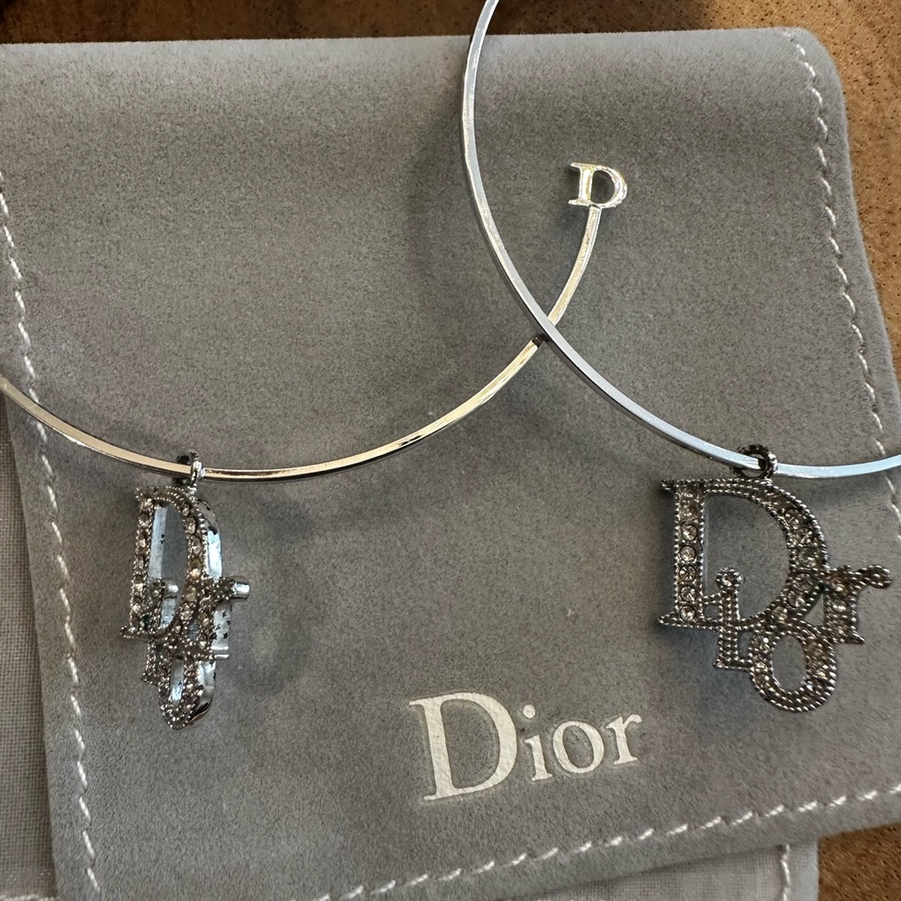 Dior Silver Crystal 'Dior' Logo Drop Hoop Earrings - Picture 3 of 3
